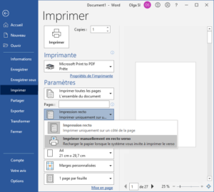 Capture de l'onglet d'impression dans le logiciel Word pour l'impression recto-verso